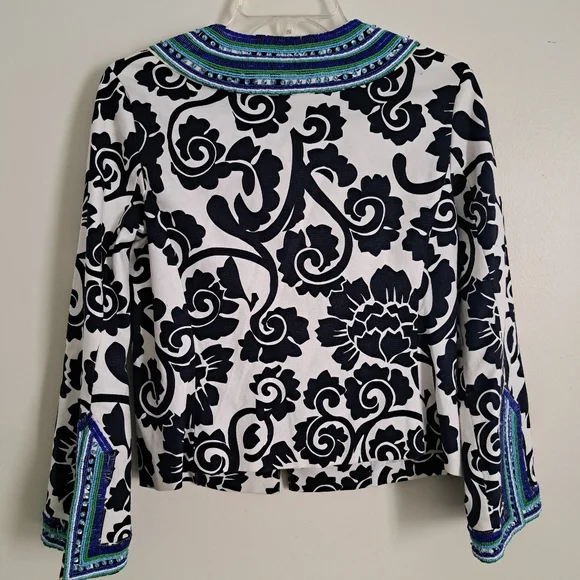 Tory Burch Beaded Collar‎ Floral Print Jacket Navy White Blue Green Women Size 6 - Picture 4 of 12